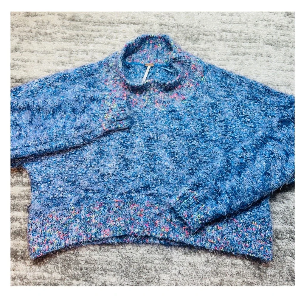 Free People Sweater Women Medium Blue Confetti Eyelash Mockneck OB841656